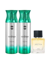 Ajmal Raindrops & Raindrops Deodorant 200ml 6.7 Fl.oz. Each X2 & Aretha Eau De Parfum 50ml 1.6 Fl.oz. | Gift For Women Combo Of 3