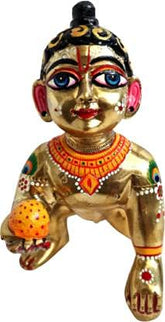 Full Hand Painted Laddu Gopal Idol, Little Krishna, Brass, Golden Idol - 7 Inch, Traditional Deign, For Janmashtami Pooja, Home & Office Temple, Statue