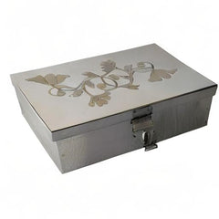 Steel Storage Boxes, Cash, Pooja Peti, Organizer, Safe Locker Box 8 Inch Storage Box W - 8", H-2.50", L-5" Cash Box With Laser Print Design, Material - Stainless Steel