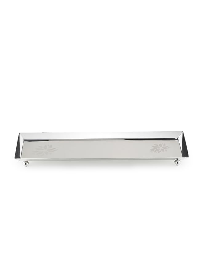 Chrome Stainless Steel Flower Longish Platter Large | Floral Platter With Legs - Serve Ware Chrome Stainless Steel Flower Longish Platter Large | Floral Platter With Legs - Serve Ware