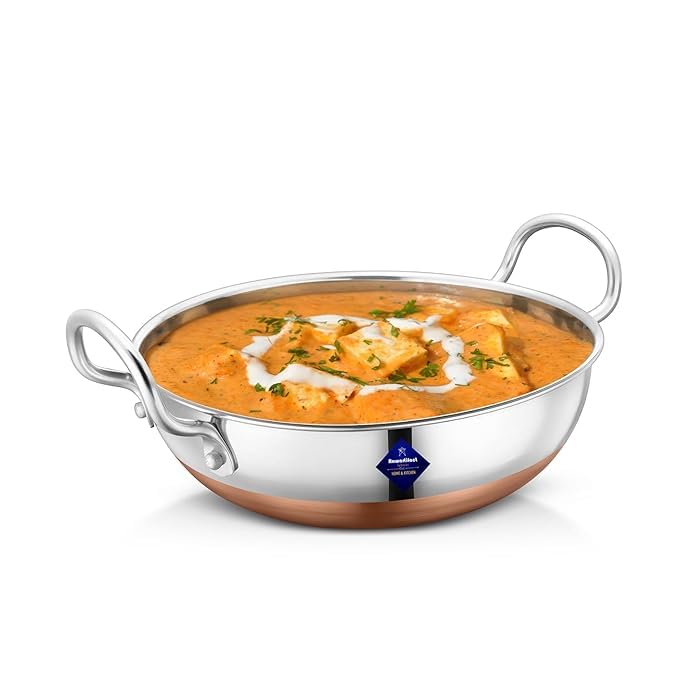 Silver Stainless Steel Kadhai With Copper Bottom - Pot Pans For Frying | Cookware Premium Heavy Gauge Steel Kadhai 1000ml