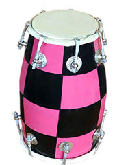 Handmade Mango Wooden 14" Baby Dholak Nut & Bolt With Beautiful Check Design - Pink Color | Goat Skin On Both Side