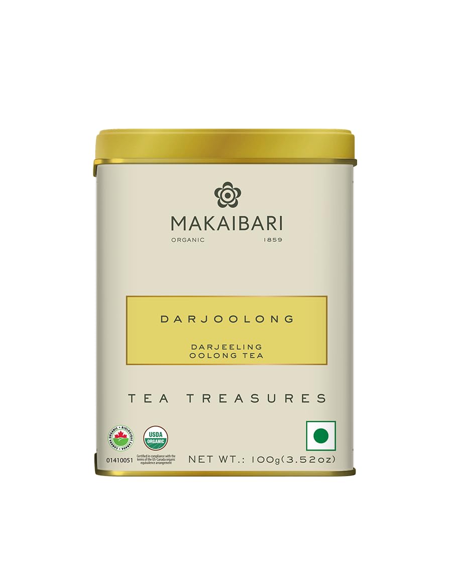 Makaibari Tea Treasures Darjoolong Tea - 100gm Tin Caddy, 3.5 Ounce | USDA Certified Premium Darjeeling Oolong Tea - Natural Detox Tea, Semi-Fermented Oolong Whole Loose Leaf | Medium Caffeine