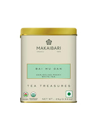 Makaibari Tea Treasures Bai Mu Dan Darjeeling Peony White Tea - 25gm Tin Caddy, 0.8 Ounce | USDA Certified Premium Darjeeling Loose Leaf Tea - Medium Caffeine Loose Leaves