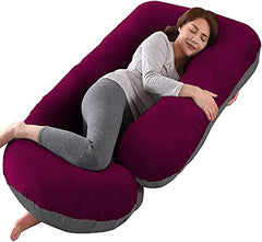 J Shaped Pillow, Pregnancy Pillow For Maternity & Baby Nursing - Wine & Grey | Pregnant Women Stomach, Hip, Spine, Neck Support, Velvet Outer Cover With Zip, Adjustable, Multi-Purpose Pillow