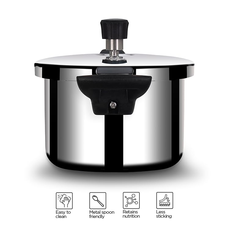 Stellar Stainless Steel Triply Pressure Cooker With Gasket - 3 Liters | Rivet Less Handle, Mirror Finish - Induction & Gas Base Stellar Stainless Steel Triply Pressure Cooker With Gasket - 3 Liters | Rivet Less Handle, Mirror Finish - Induction & Gas Base