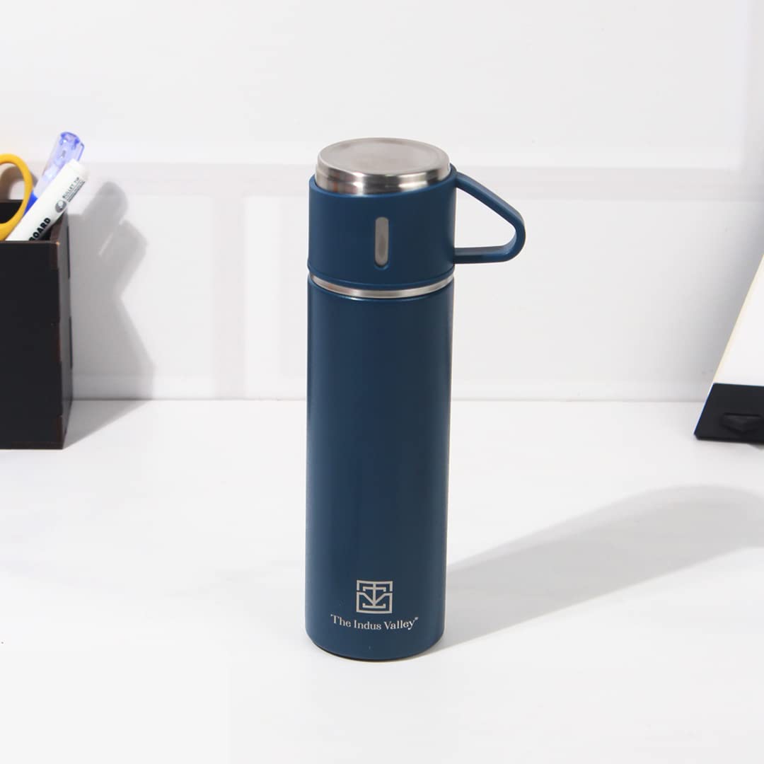 Stainless Steel Vacuum Insulated Flask With Drinking Mug - Blue, 500ml | Double Walled, Hot & Cold Temperature, Leak Proof, BPA-Free Stainless Steel Vacuum Insulated Flask With Drinking Mug - Blue, 500ml | Double Walled, Hot & Cold Temperature, Leak Proof, BPA-Free