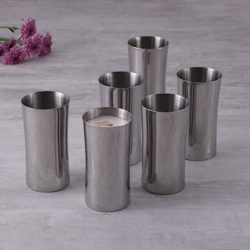 Designer Chrome Stainless Steel Drinking Glass Set Of 6 - 250ml Each | Corporate Gifting For Diwali - Convenient Long Water Glasses | Multipurpose Designer Tumbler - Serve Ware & Tableware Designer Chrome Stainless Steel Drinking Glass Set Of 6 - 250ml Each | Corporate Gifting For Diwali - Convenient Long Water Glasses | Multipurpose Designer Tumbler - Serve Ware & Tableware