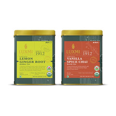 Luxmi Estates Lemon Ginger Root Herbal Tea + Vanilla Spice Chai Black Tea Pack Of 2 - 100gm Tin, 3.5 Ounce, 50 Cups Each | USDA Certified Organic Tea - Gluten Free, High Caffeine Tea Bags