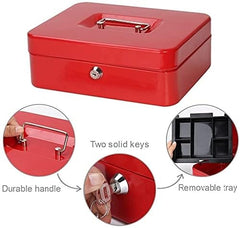 Metal Cash Box With Key, Money Box Organizer, Coin Tray, Portable Cash Drawer, Secure Cash Storage Box, Float Box With Removable Tray, Colour - Red