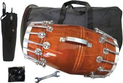 Mango Wood Round Carving Double Dholak Kit Attached Handle With Bag - Brown | Professional Grade Dholak, Made With Thoroughly Dried Mango Wood - Shiny Polish Nut & Bolt Nut & Bolts