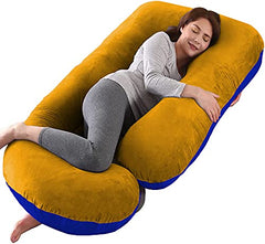J Shaped Pillow, Pregnancy Pillow For Maternity & Baby Nursing - Gold & Royal Blue | Pregnant Women Stomach, Spine, Neck Support, Velvet Outer Cover With Zip, Adjustable, Multipurpose Use