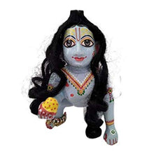 Laddu Gopal, Krishna Idol, Black Crawlie Wig Shringar, Blue, Marble, Idol - Size No.14, Handmade, Occasion-Decorative Statue, Bal Gopal Idol