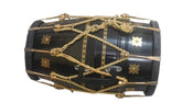 Professional Stylish Look Black Dholak With Golden Bolts & Beautiful Printed Rope - Black & Gold | Perfectly Symmetric Round Dholak, Dholak For Festival, Wedding, Satsang