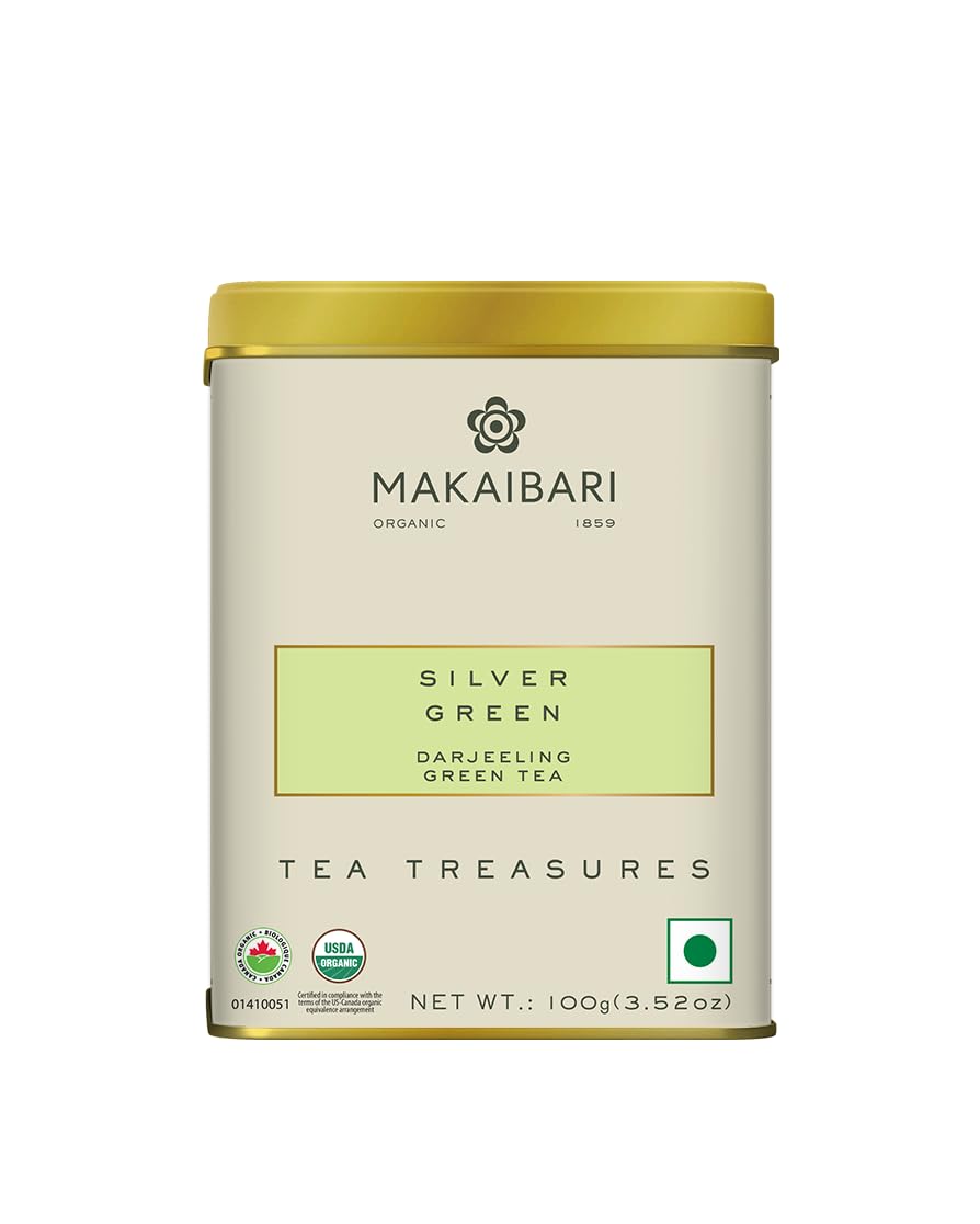 Makaibari Tea Treasures Silver Green Darjeeling Green Tea - 100gm Tin Caddy, 3.5 Ounce | USDA Certified Premium Loose Long Leaf Green Tea - Medium Caffeine Loose Leaves