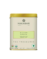 Makaibari Tea Treasures Silver Green Darjeeling Green Tea - 100gm Tin Caddy, 3.5 Ounce | USDA Certified Premium Loose Long Leaf Green Tea - Medium Caffeine Loose Leaves