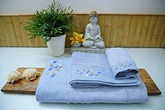 100% Bamboo Embroidery Bath, Hand & Face Towel Set 900 Gsm (Blue) - 3 Pcs