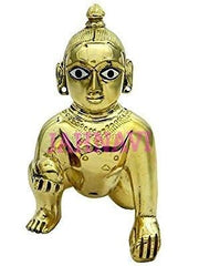 Laddu Gopal Idol For Home Temple, Small Bal Gopal, Brass, Gold, Idol - Size No.1, Antique Look, Handmade, Makhan Chor Statue