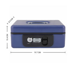 Imported Metal Cash Box With Dual Combination & Password Lock Medium Size Money Box For Cash, Jewellery Safe Locker With Removable Plastic Coin Tray, Colour - Blue, Material - Metal