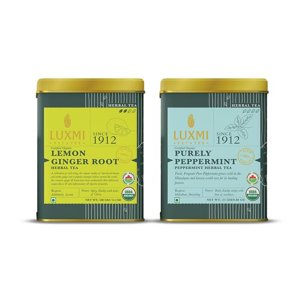 Luxmi Estates Lemon Ginger Root 100gm Tin, 3.5 Ounce + Purely Peppermint 25gm Tin, 0.8 Ounce Herbal Tea | USDA Certified Organic Tea - Caffeine Free Herbal Tea