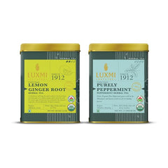 Luxmi Estates Lemon Ginger Root 100gm Tin, 3.5 Ounce + Purely Peppermint 25gm Tin, 0.8 Ounce Herbal Tea | USDA Certified Organic Tea - Caffeine Free Herbal Tea