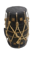 Professional Stylish Look Black Dholak With Golden Bolts & Beautiful Printed Rope - Black & Gold | Perfectly Symmetric Round Dholak, Dholak For Festival, Wedding, Satsang