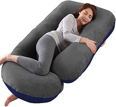 J Shaped Pillow, Pregnancy Pillow For Maternity & Baby Nursing - Grey & Dark Blue | Pregnant Women Stomach, Spine, Neck Support, Velvet Outer Cover With Zip, Adjustable, Multipurpose Use
