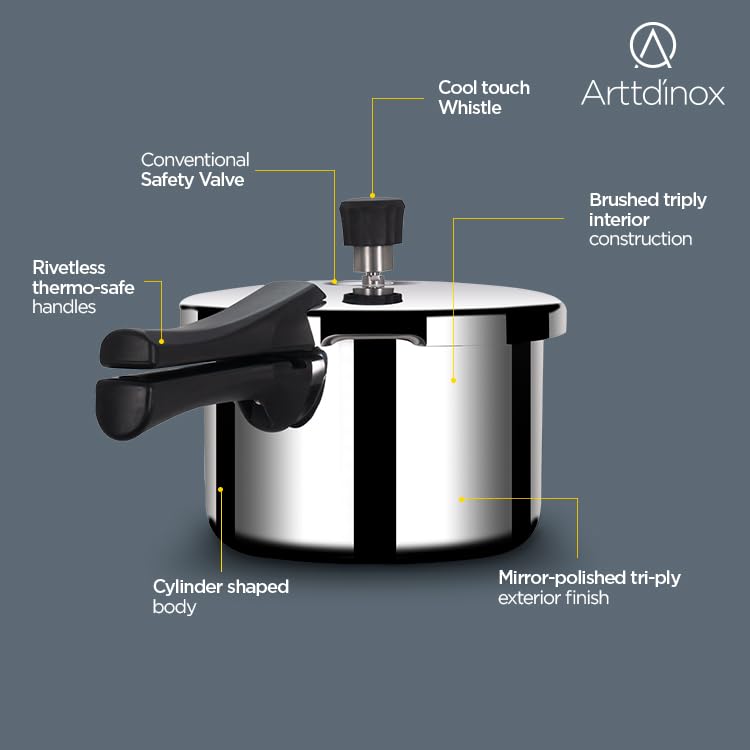 Stellar Stainless Steel Triply Pressure Cooker With Gasket - 5 Liters | Rivet Less Handle, Mirror Finish - Induction & Gas Base Stellar Stainless Steel Triply Pressure Cooker With Gasket - 5 Liters | Rivet Less Handle, Mirror Finish - Induction & Gas Base