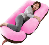 J Shaped Pillow, Pregnancy Pillow For Maternity & Baby Nursing - Pink & Brown | Pregnant Women Stomach, Hip, Spine, Neck Support, Velvet Outer Cover With Zip, Adjustable, Multipurpose Pillow