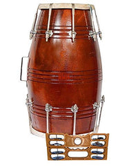 Wooden Nut & Rope Goat Skin Dholak With Khartal, Beautiful Shiny Color Brown 02 - Perfectly Symmetric Round Dholak | Dholak For Festival, Wedding, Satsang - Very Easy To Tune, Easy To Learn