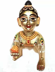 Ashtadhatu Brass Laddu Gopal God Idol, Bal Gopal Murti, Pure Brass, Gold Idol, Hand Painted Statue, Good Designing, Little Krishna Idol For Janmashtami Pooja, Home Décor Idol