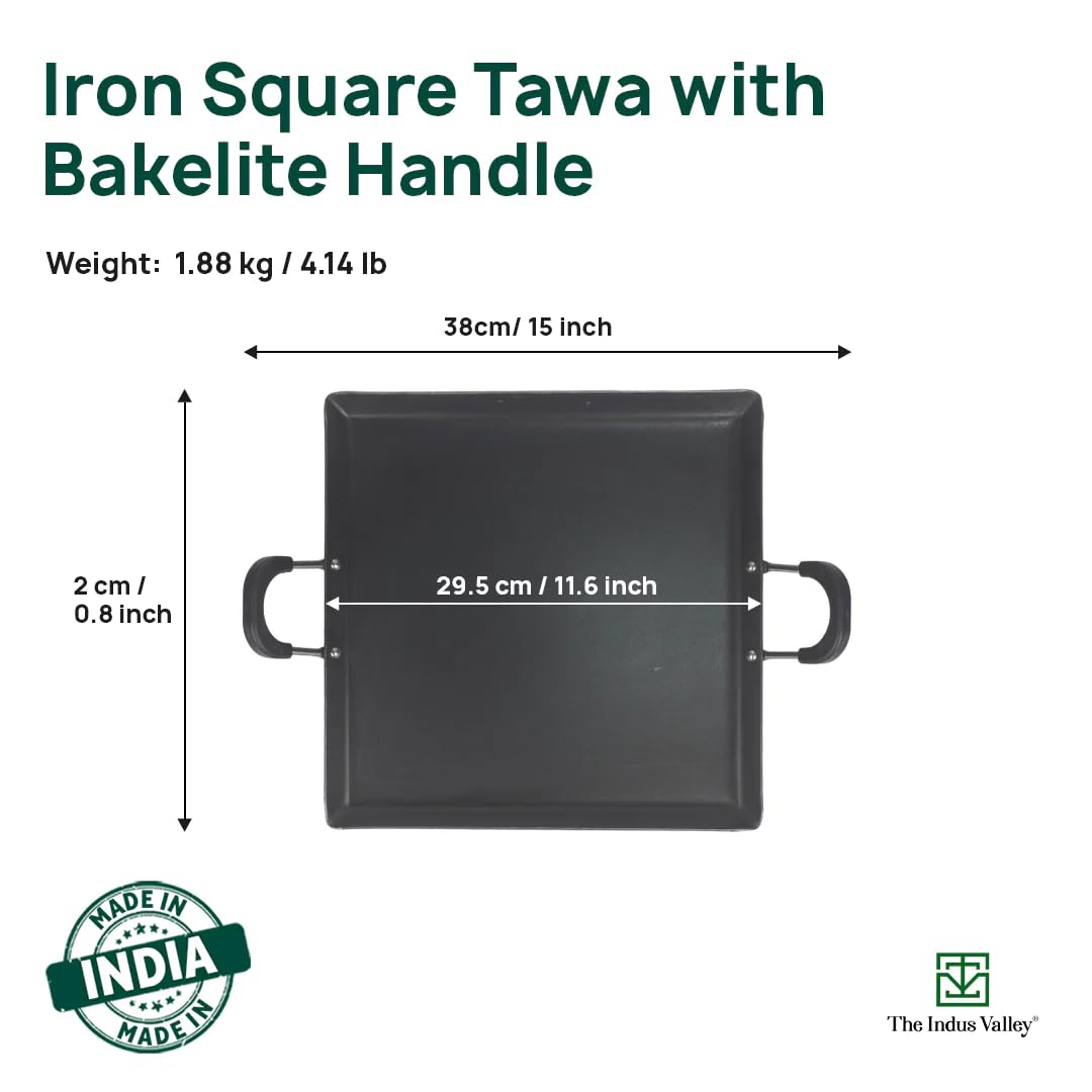 Pre-Seasoned Black Square Iron Tawa For Dosa, Chapathi With Bakelite Handle - 29.5 Cm, 11.6 Inch, 1.9 Kg | Induction Friendly, Pre-Seasoned Tawa, 100% Pure & Toxin-Free, No Chemical Coating Pre-Seasoned Black Square Iron Tawa For Dosa, Chapathi With Bakelite Handle - 29.5 Cm, 11.6 Inch, 1.9 Kg | Induction Friendly, Pre-Seasoned Tawa, 100% Pure & Toxin-Free, No Chemical Coating