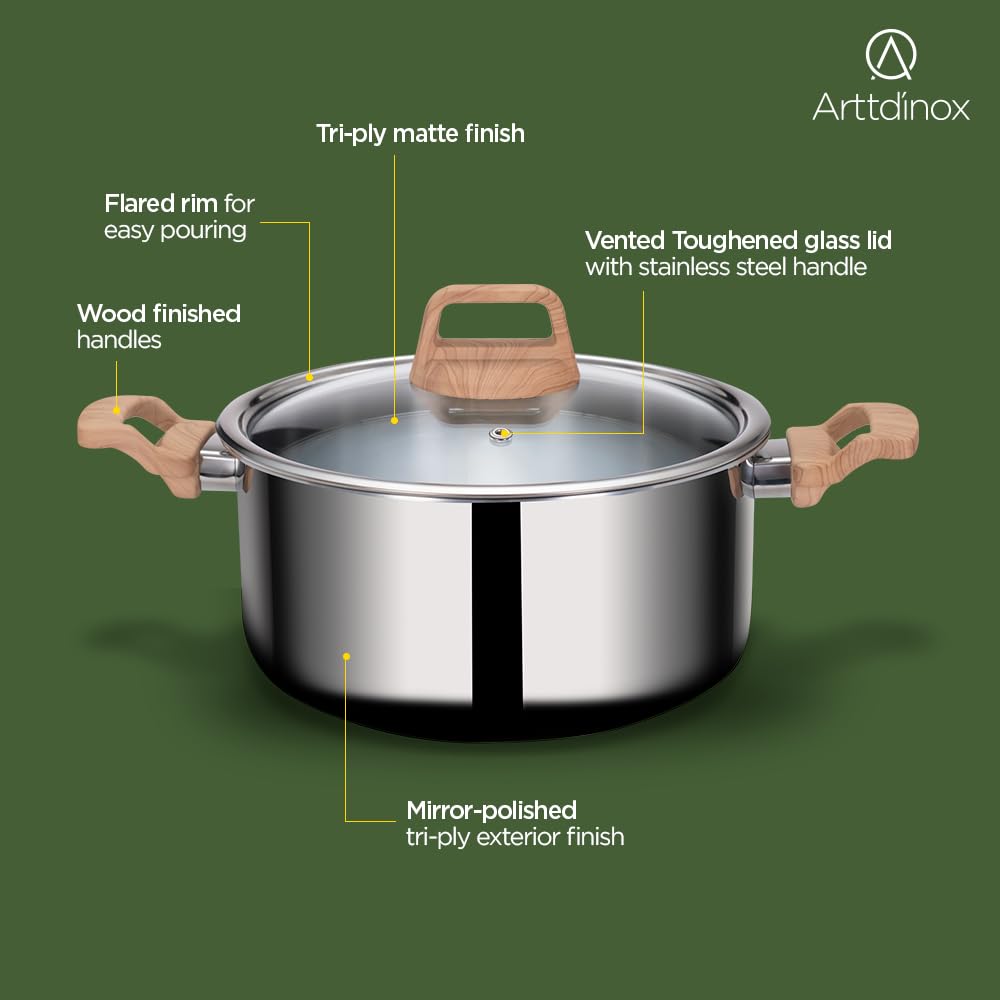 Timber Stainless Steel Triply Pot With Glass Lid 18cm, 2 Liters | Bhagona For Biryani, Pulao, Halwa, Curries - Wood Finished Handle | Induction & Gas Base Timber Stainless Steel Triply Pot With Glass Lid 18cm, 2 Liters | Bhagona For Biryani, Pulao, Halwa, Curries - Wood Finished Handle | Induction & Gas Base