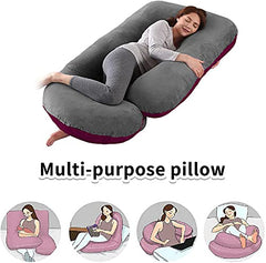 J Shaped Pillow, Pregnancy Pillow For Maternity & Baby Nursing - Wine & Grey | Pregnant Women Stomach, Hip, Spine, Neck Support, Velvet Outer Cover With Zip, Adjustable, Multi-Purpose Pillow