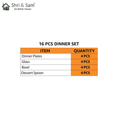 Stainless Steel Delight Solid Dinner Set Of 16 Pieces, Silver | 4 Dinner Plates+ 4 Glasses+ 4 Bowls+ 4 Dessert Spoons - Easy To Clean & Dishwasher-Safe