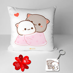 Foam Peach & Goma Mochi Cat Pillow Cushion, Keychain With Card, White Color | Peach Goma Pillow, For Boyfriend, Valentines Gift For Girlfriend, Pillow For Couple, Model No - Combo 08