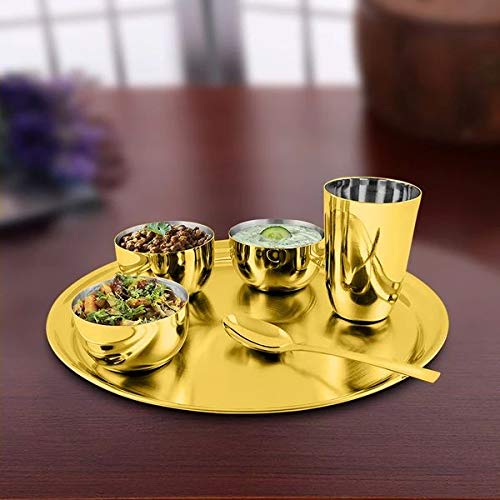 High Grade Stainless Steel Thali Set Majestic, Gold | 1 Thali+ 3 Katoris + 1 Glass+ 1 Dessert Spoon - Easy To Clean & Dishwasher Safe High Grade Stainless Steel Thali Set Majestic, Gold | 1 Thali+ 3 Katoris + 1 Glass+ 1 Dessert Spoon - Easy To Clean & Dishwasher Safe