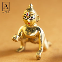 Beautiful Brass Laddu Gopal Murti, Bal Gopal, Gold, Brass, Idol Size - Small 3 X 2 Inch, Petal Ke Laddoo Gopal Ji, Thakur Ji, Lord Krishna Murti, God Idol