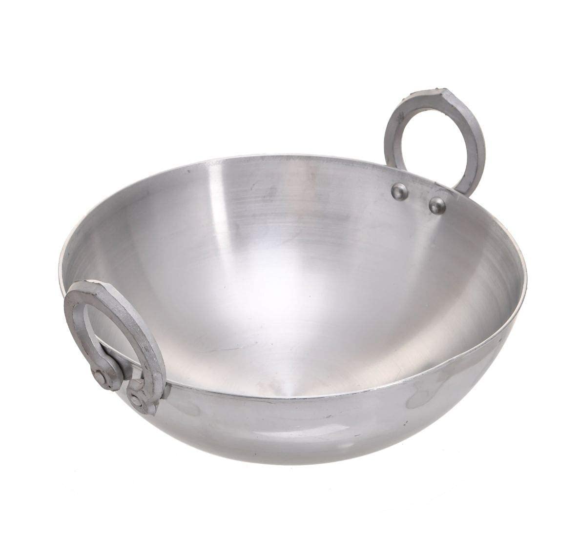 Silver Aluminium Heavy Base Kadhai With Handle - 9 Liters | Kadai With Handle For Kitchen - Deep Frying Kadai