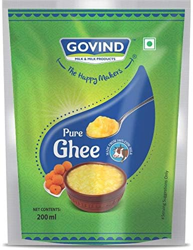 Premium Pure Cow Ghee By Govind | Rich In Vitamins A, D & E Healthy Nutrients Desi Ghee Good For Cooking, Frying | 1 Litre (200ml * 5) 33.8 Ounce | Pouch Pack Premium Pure Cow Ghee By Govind | Rich In Vitamins A, D & E Healthy Nutrients Desi Ghee Good For Cooking, Frying | 1 Litre (200ml * 5) 33.8 Ounce | Pouch Pack