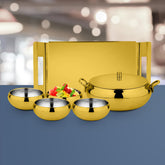 Stainless Steel Farm House Serving Set, Golden | 1 Big Serving Bowl With Lid, 1000ml + 4 Small Bowls+ 1 Tray