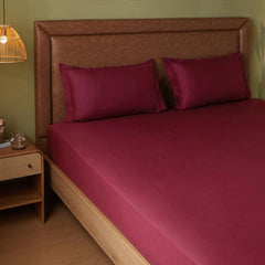 Plain Bedsheet For Double Bed King Size With 2 Pillow Covers - 72 X 78 Inches, Wine | All Around Elastic Fitted Sheet | 100% Cotton, Soft & Breathable - Collection