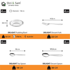 Stainless Steel Delight Solid Dinner Set Of 32 Pieces, Silver | 4 Dinner Plates+ 4 Glasses+ 4 Bowls+ 4 Chutney Bowls+ 4 Pudding Bowls+ 4 Dessert Spoons+ 4 Dessert Fork+ 4 Tea Spoons