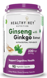 Healthyhey Ginseng + Ginkgo Biloba Improves Memory & Concenration, Safe & Effective Dose For Daily Consumption | 90 Veg Capsules 150gm 0.3lbs
