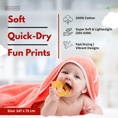 Mafatlal Coo Coo 100% Cotton Kids Bath Towel 250 Gsm | Soft, Lightweight & Quick-Dry Fun Cartoon Print Towel (Red) - 1 Pcs