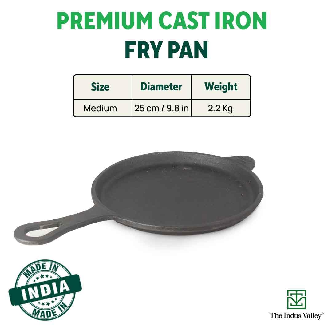 Pre-Seasoned Black Cast Iron Shallow Fry Pan With Long Loop Handle - Medium, 25 Cm, 9.8 Inch, 2.2 Kg | Induction Friendly, Nonstick Fry Pan, 100% Pure & Toxin Free, No Chemical Coating Pre-Seasoned Black Cast Iron Shallow Fry Pan With Long Loop Handle - Medium, 25 Cm, 9.8 Inch, 2.2 Kg | Induction Friendly, Nonstick Fry Pan, 100% Pure & Toxin Free, No Chemical Coating