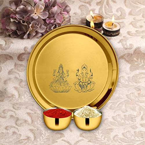 High Grade Stainless Steel Lakshmi & Ganesh Pooja Thali Set With Gold PVD Coating, 3 Pieces | 1 Pooja Thali+ 2 Bowls High Grade Stainless Steel Lakshmi & Ganesh Pooja Thali Set With Gold PVD Coating, 3 Pieces | 1 Pooja Thali+ 2 Bowls