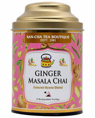 San-Cha Tea Boutique Ginger Masala Chai - 50gm, 1.7 Ounce, 25 Pyramid Tea Bags | Real Ginger Blend Tea - Premium Assam Tea Blend | Finest Adrak Masala Chai - Medium Caffeine