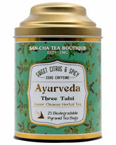 San-Cha Ayurveda Three Tulsi Herbal Tea - 25 Biodegradable Pyramid Tea Bags | Sweet Citrus & Spicy Inner Cleanse Herbal Tea - Zero Caffeine