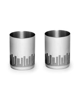 Designer Silver Stainless Steel Drinking Glass Set Of 2 - Cityscapes Pattern, Urban Series | Convenient Water Glasses - Multipurpose Designer Tumbler | Serve Ware & Tableware